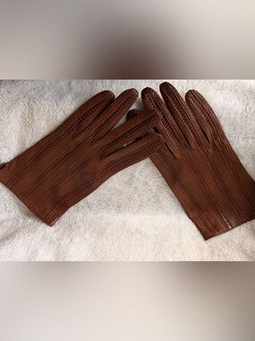 Vintage Brown Faux Leather Gloves – Size 8½ –18 Detailed Stitching Classic Style